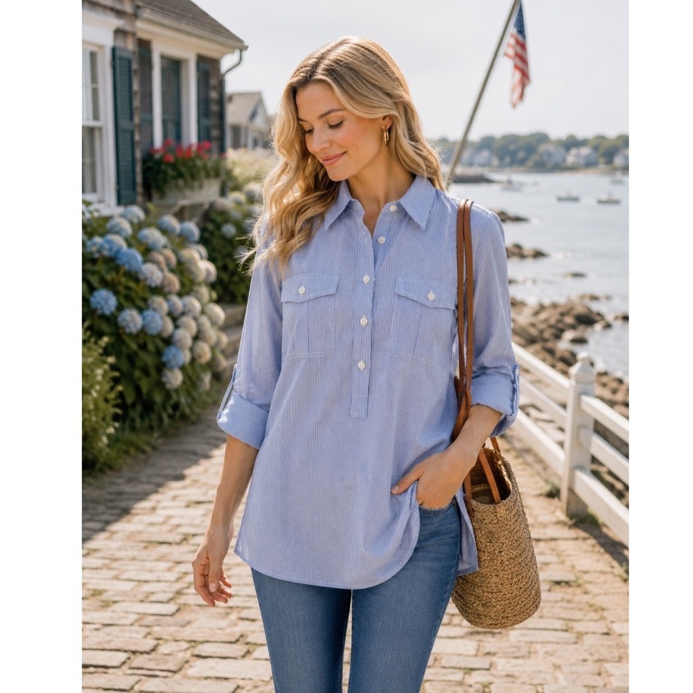 Vineyard Vines Womens Blue White Striped‎ Tunic Popover Shirt Size 2 Roll Tab